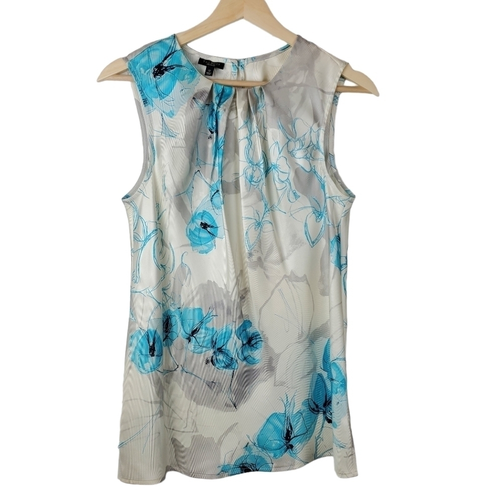 VINTAGE Talbots Small Sleeveless silk Blouse Blue Gray Floral Bias Cut 90s Y2K